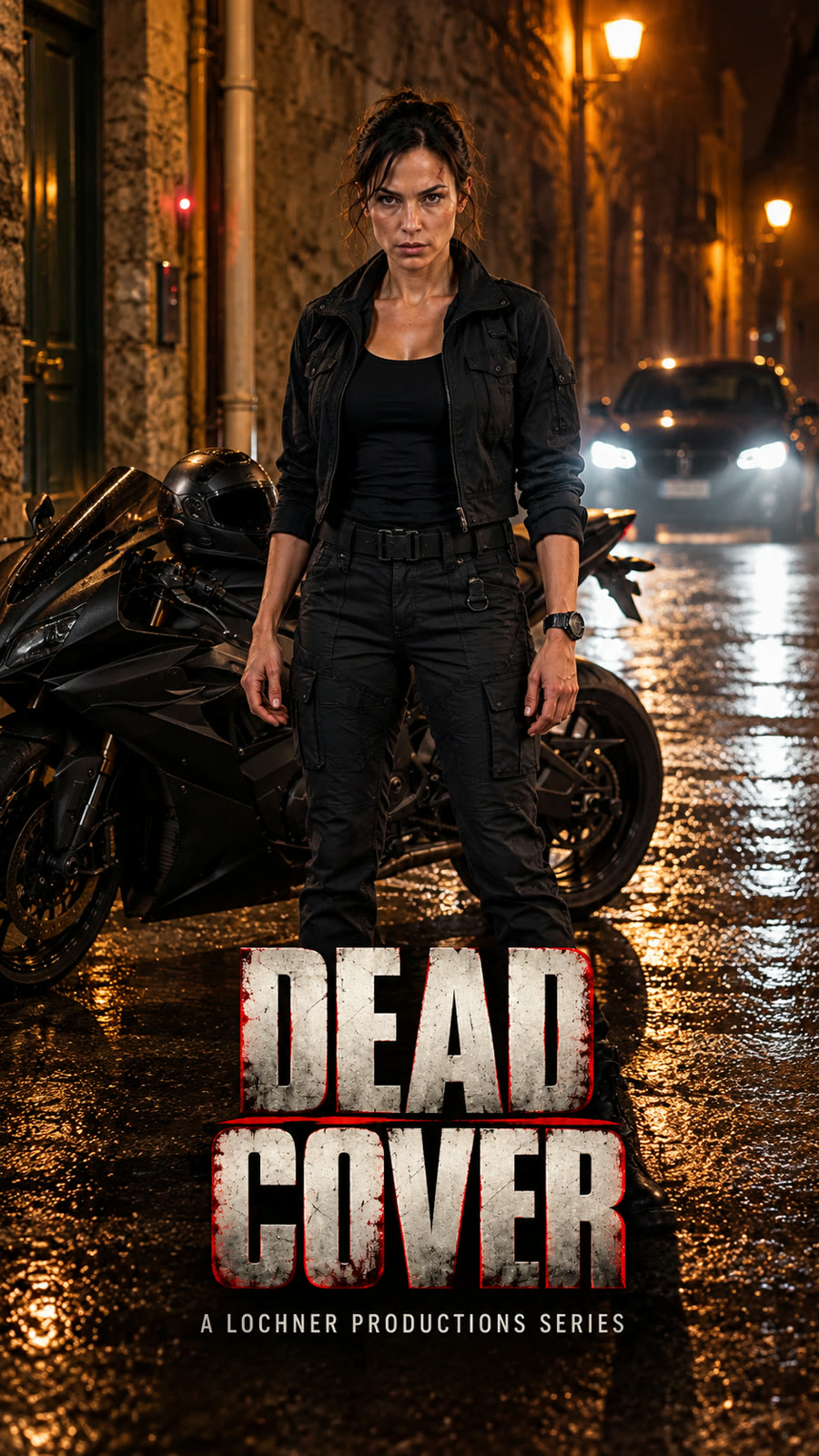 DEAD COVER: Natalia Voss standing in a wet Marseille alley at night beside her black motorcycle, a car's headlights behind her